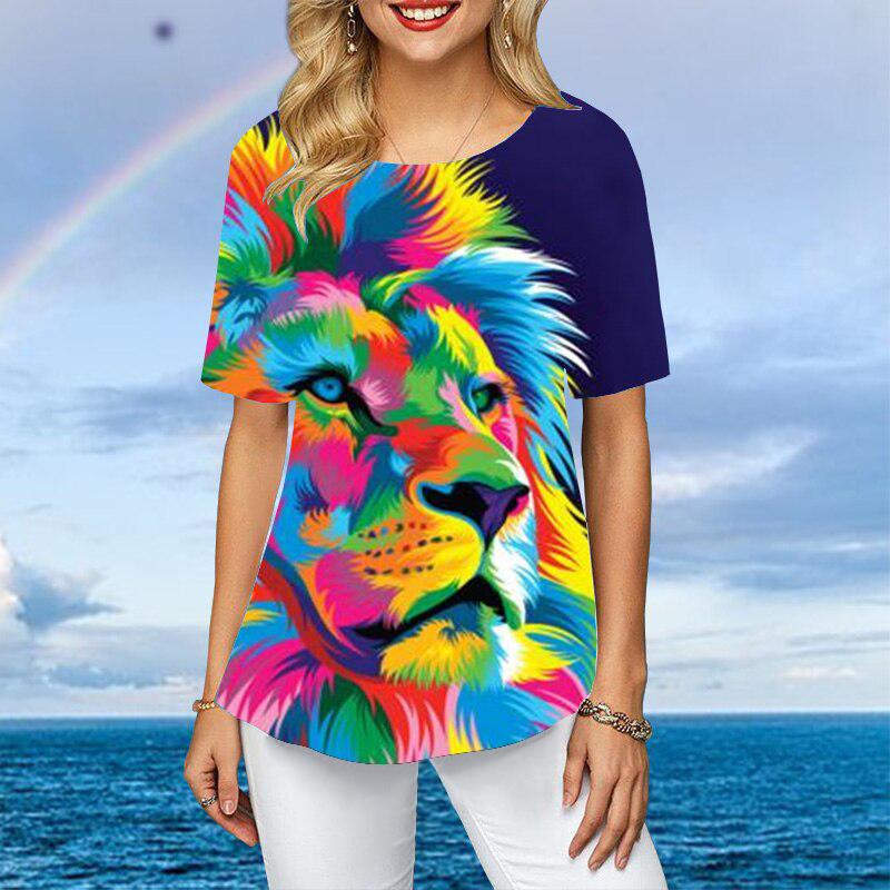 Women Plus Size Ladies Tee Short Sleeve T Shirts Colorful Tiger 3d Print Loose Casual Tops Female Irregular Summer Clothes