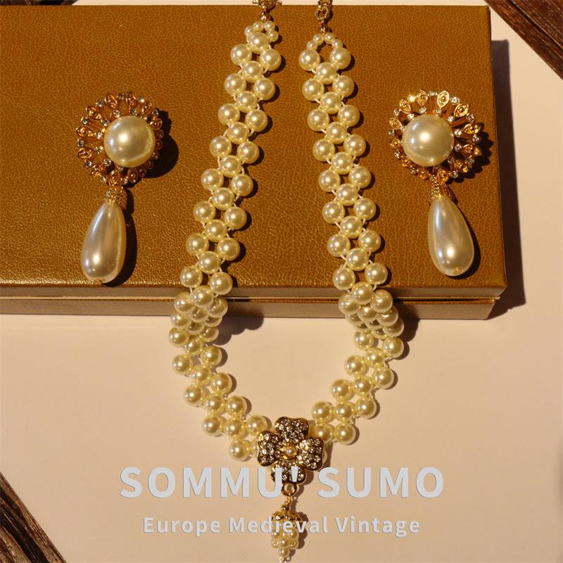 Antique Pearl Earrings with Diamonds Court Style Gorgeous Heavy Industry Earrings Pearl Necklace Weaving