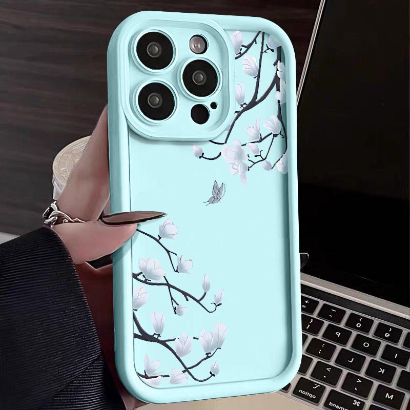 White Magnolia Pattern Phone Case For iPhone 16 15 14 Pro Max 15 16 Plus 12 13 Pro 11 16E Candy Color Shockproof Silicone Cover