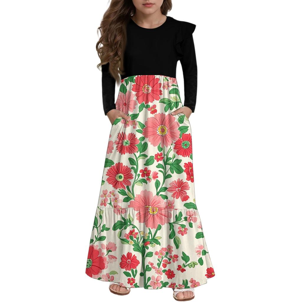 Girls' Tiered Ruffle Dress - Long Sleeve Printed Maxi With Pockets