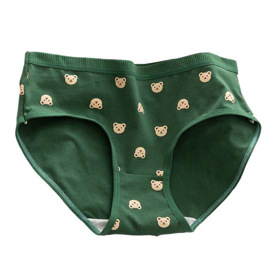 Japanese Style Teenage Girls Panties Cute Bear Pattern Green Cotton Crotch Briefs Mid-rise Cartoon Student Underpants
