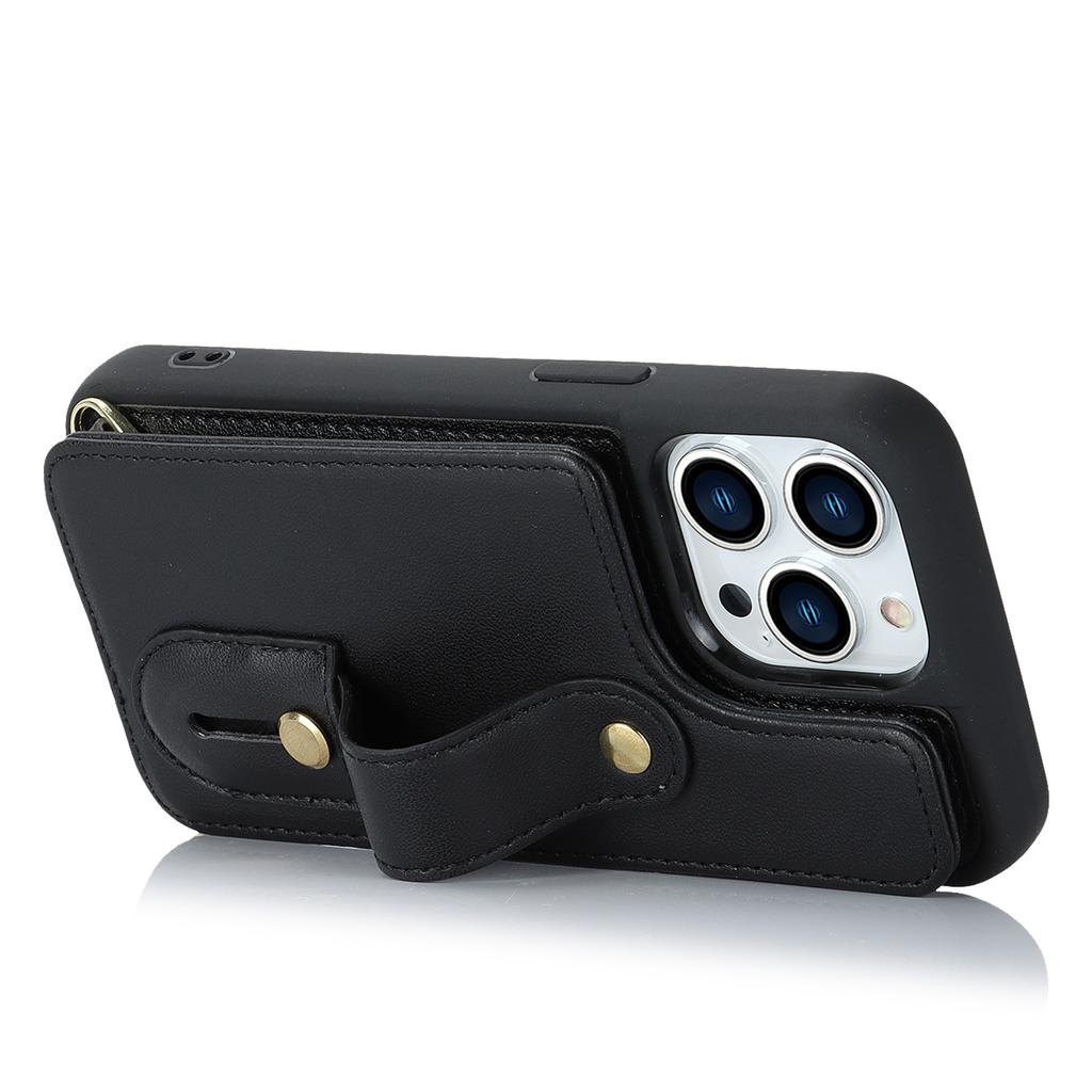 For iPhone 16 Pro Max Case Kickstand Card Slots Leather Coated TPU Cover with Shoulder Strap