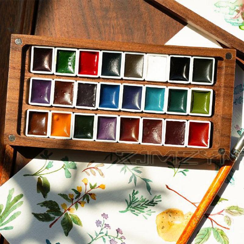 24-color Watercolor Paint Solid Watercolor Pigments Separate Packaging Wooden Box Art Painting Sketching Portable Color Palette