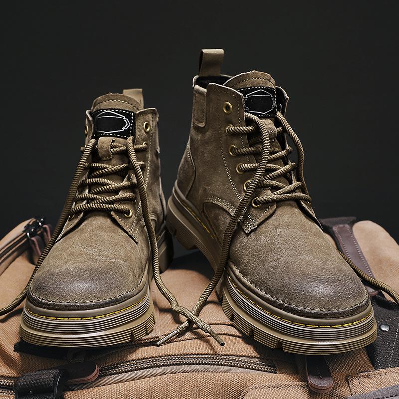 Мужские ботинки Мартин из натуральной кожи с высоким берцем - Желтые ретро зимние ботинки для снега с плюшевой подкладкой