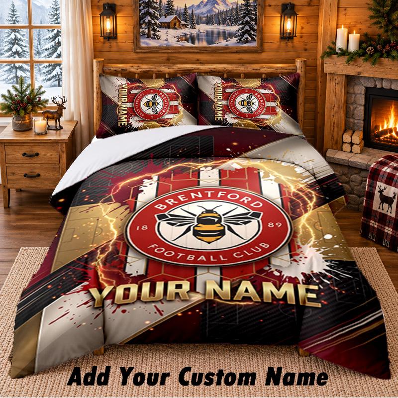 Brentford Football Pattern Bedding 3Pcs Set Custom Name, Bed Sheet And Pillowcases For Home Bedroom