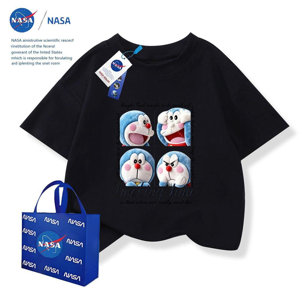NASA x Doraemon Kids Cotton Round Neck T-Shirt with Embroidery Print, Short Sleeve