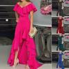 Women Evening Dress Ruffle Patchwork V Neck Slim Fit Irregular Hem Sleeveless Floor Length Pure Color Ball Gown Party Banquet Maxi Dress