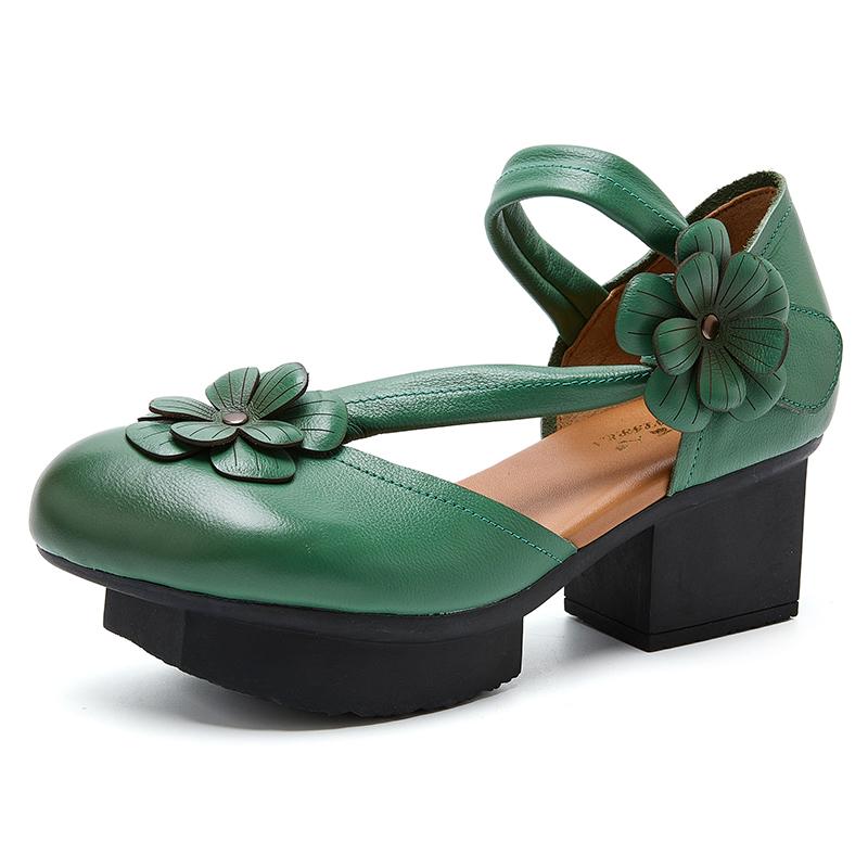 Fashion GKTINOO 2025 New Women Sandals Summer Genuine Leather Flowers Handmade Sandals Retro Style Round Toe Middle Heels Women's Shoes