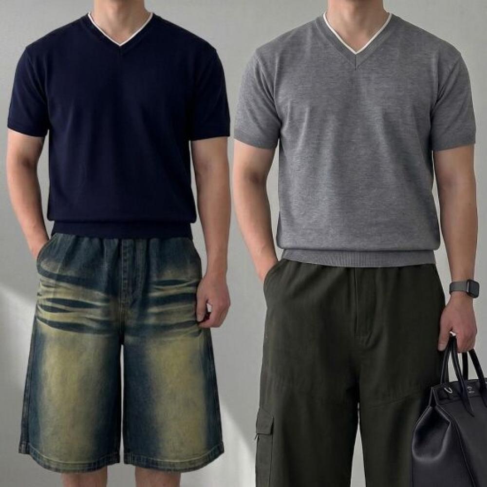Onl Men Ringer V Neck Crop Short sleeVe Knit Muscle Fit Nk 1+1