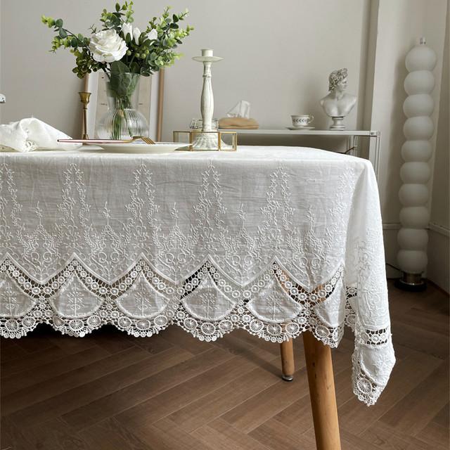 High Quality French Embroidery White Lace Flower Tablecloth For Wedding Party Decoration Cotton Cloth Luxurious Table Cover