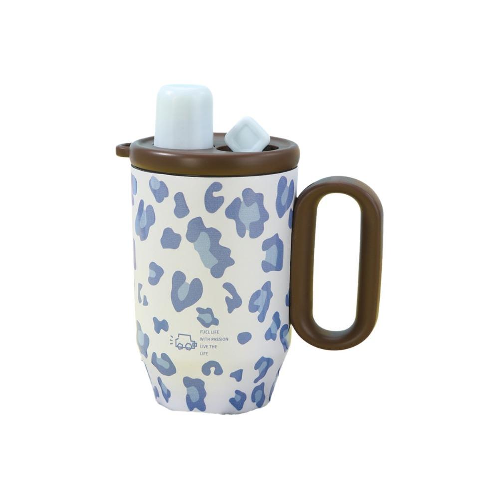 Portable Thermos Water Bottle 750 ML Drinking Straw Cup Leopard Pattern Insulated Cup Women