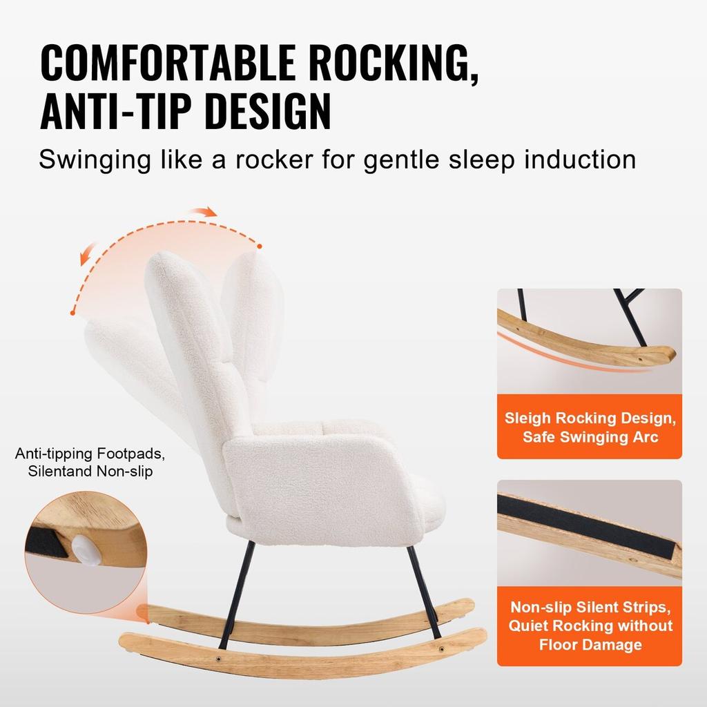Nursery Rocking Chair, 250 lbs Weight Capacity Teddy Fabric Upholstered Glider Rocker Chair with Soft Seat and High Backrest, Nursing Chair for