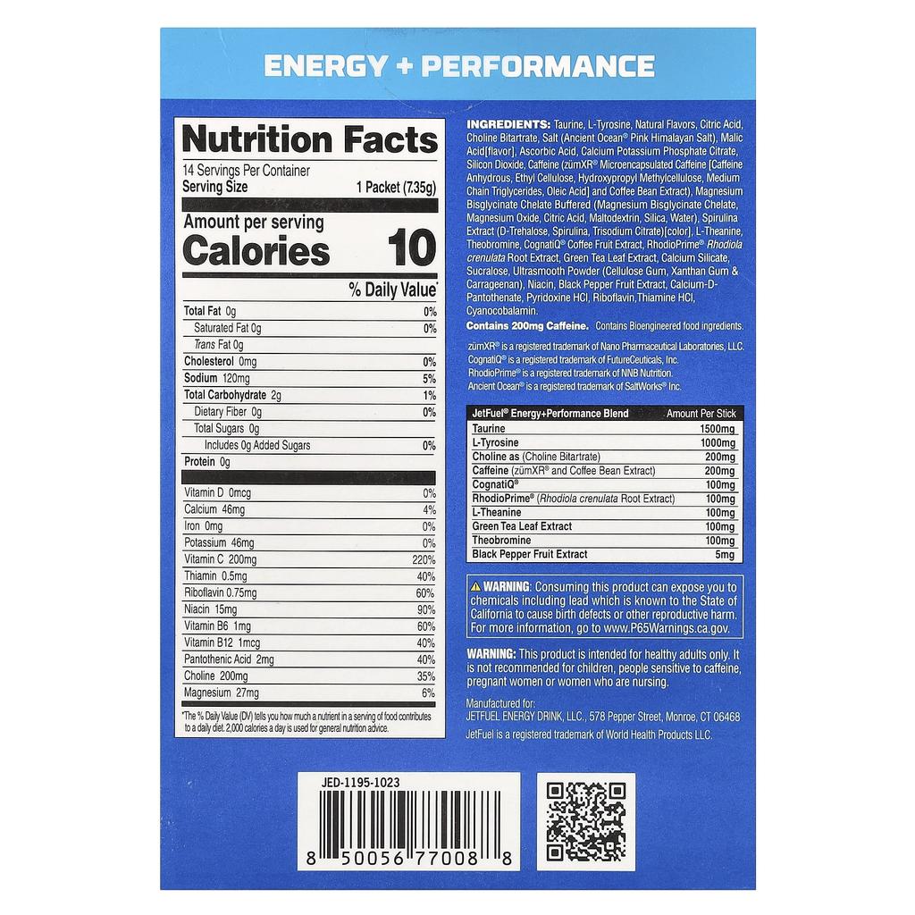 GAT JetFel® Energy + Performance, Energy Stick, Blue Raspberry, 14 Stick Packs, 7.35 G (0.26 Oz) Each