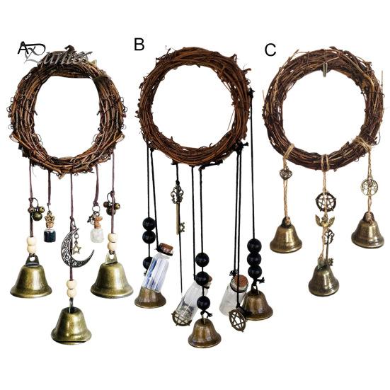 Door Knob Witch Bell Home Protection Handmade Hanging Brass Bell Wishing Bottle Rattan Wreath Witchcraft Door Hanger Wicca Wind Chime Decoration