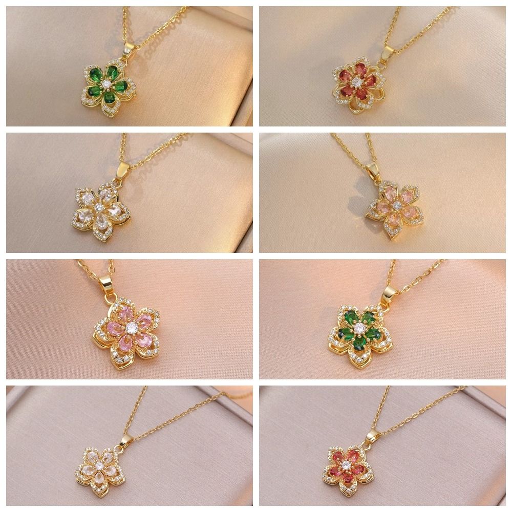 Crystal Zircon Pendant Necklace Shiny Petal Gold Necklace Rotatable Flowers Choker Date Night