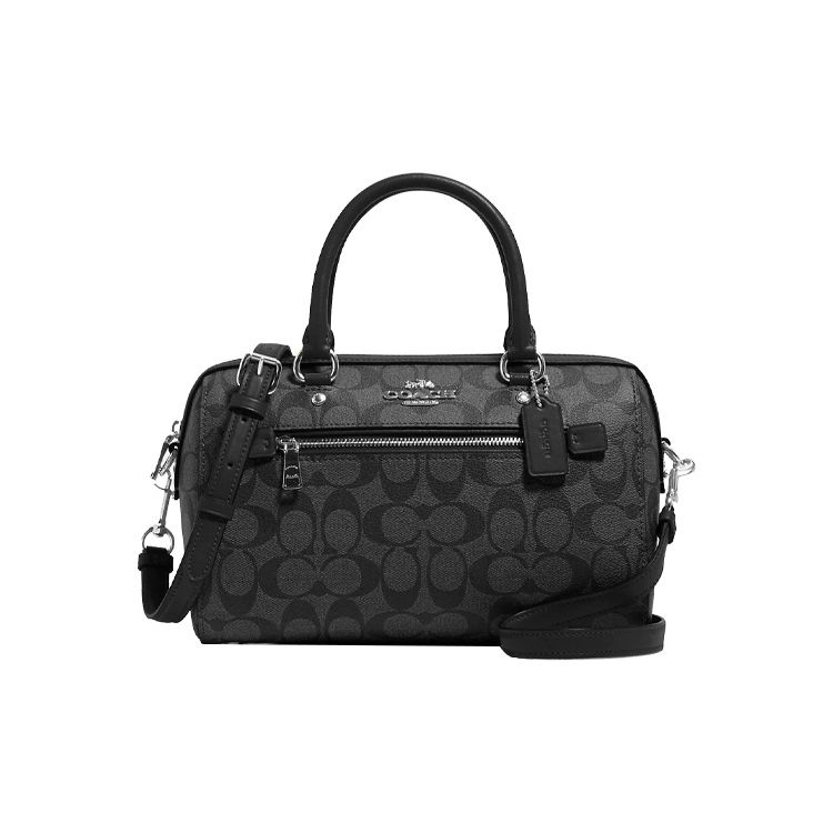 Coach Rowan 27 Classic Monogram Canvas And Leather Boston Pillow Shoulder Crossbody Handbag Medium Women handbags Black Gray 83607-SVTSQ