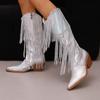 Fashion IPPEUM Fringe Cowboy Boots For Women Mid Calf Pu Leather Size 46 Winter Knee High Western Silver Cowgirl Shoes