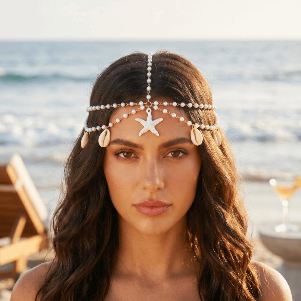 Pearl Bohemian Hair Chain Ocean Style Beaded Head Piece Boho Head Chain  Beach Vacation