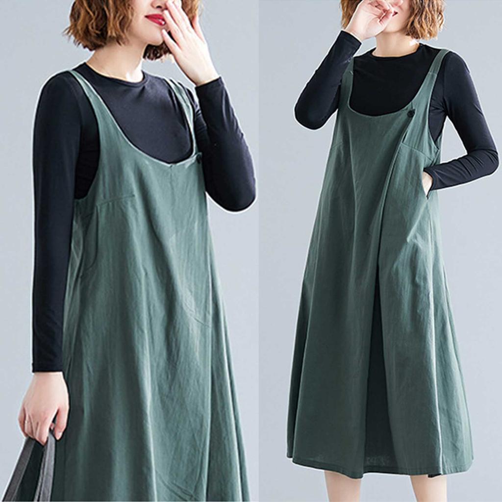 Женское хлопково-льняное платье-сарафан с широкими бретелями, нагрудными карманами на пуговицах и открытой спиной, повседневная свободная линия