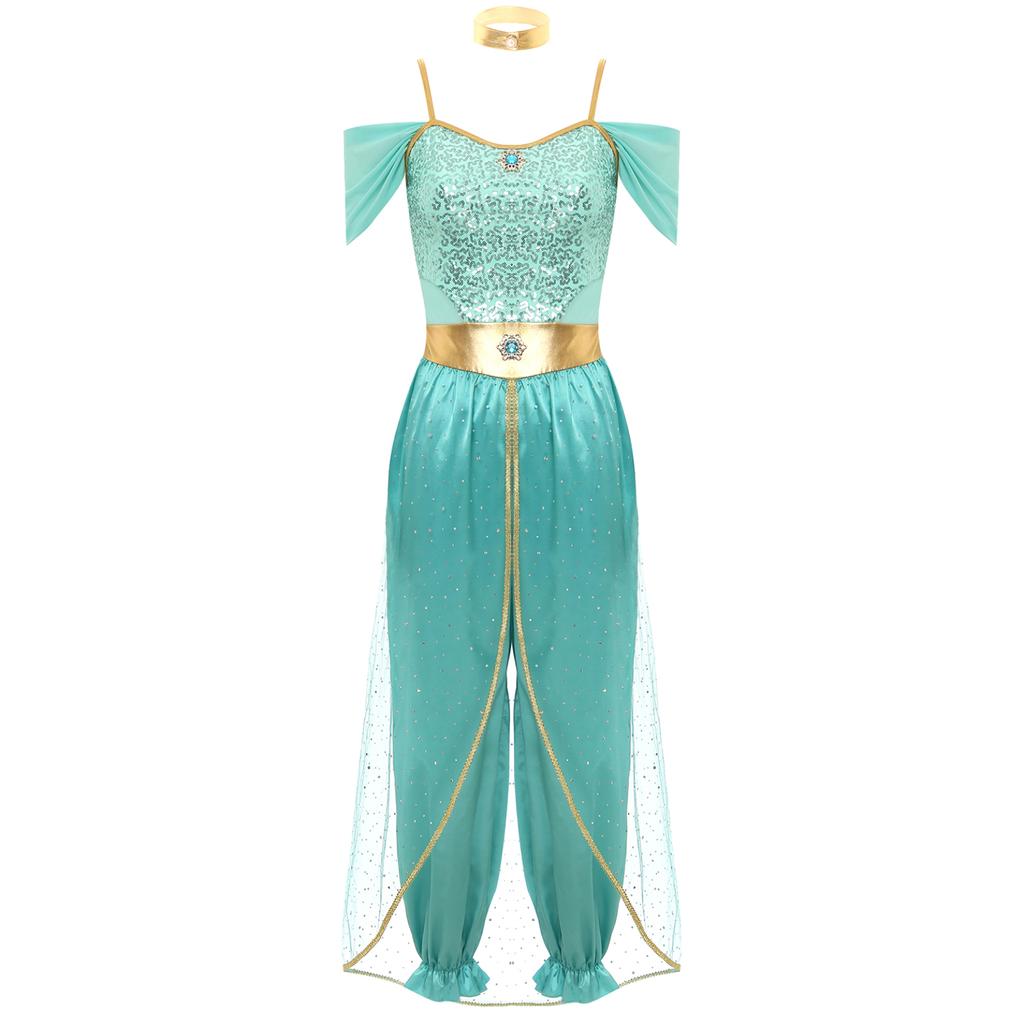 Women's Princess Costume Set Sequins Jumpsuit Long Wide Trousers Carnival Cosplay Party Dance Fancy Dress Outfit