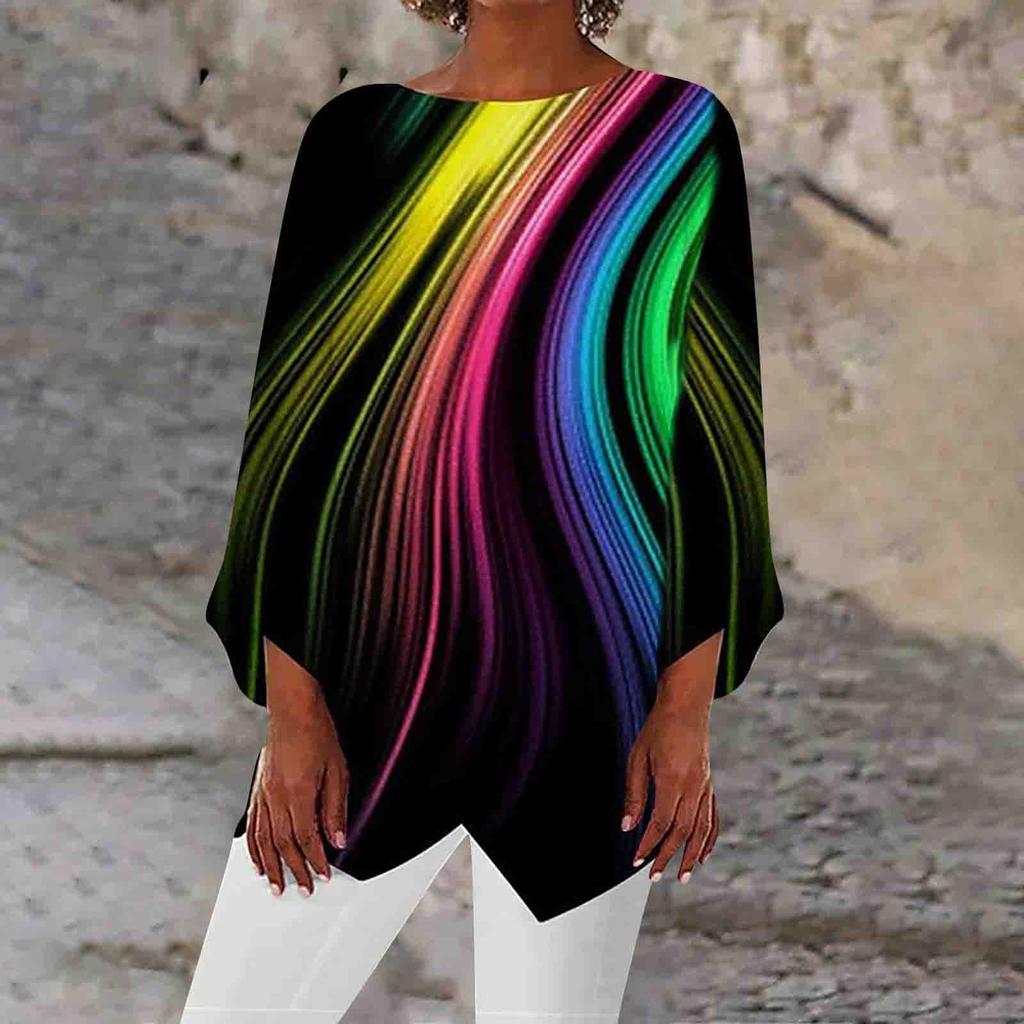 Женские топы с геометрическим принтом и длинными рукавами, дышащая рубашка с круглым вырезом и панелями