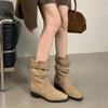 2025 New Autumn and Winter Retro Suede Western Cowboy Boots Thick Heel Medium Heel Short Stacking Boots