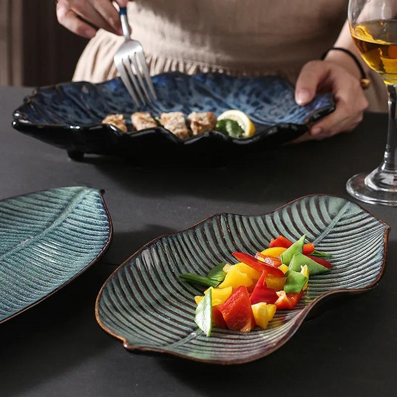 Керамическая посуда Неправильные листья Украшения для обеденных тарелок Суши Блюдо Домашний ресторан Большая рыбная тарелка Наборы тарелок и тарелок