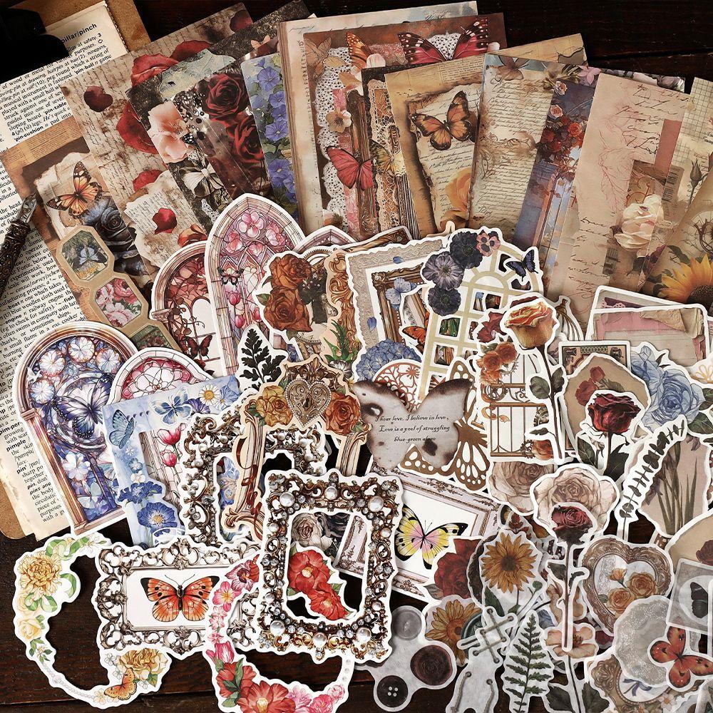 200 pcs Vintage material paper+Stickers Hybrid set Vintage Creativity Scrapbooking Collage material Craft Supplies