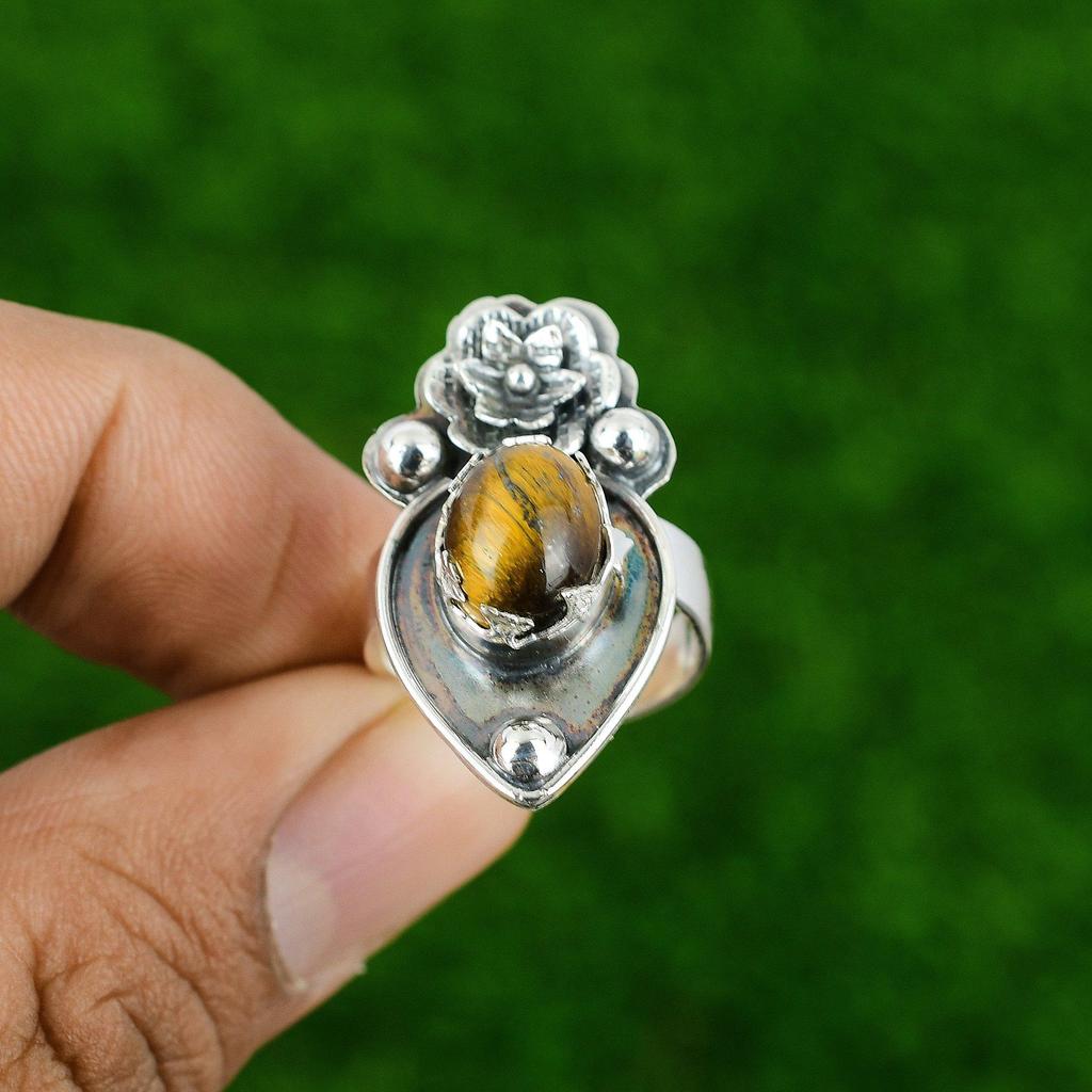 Gift For Her Natural TigerS Eye Stackable Flower Adjustable Ring 925 Silver