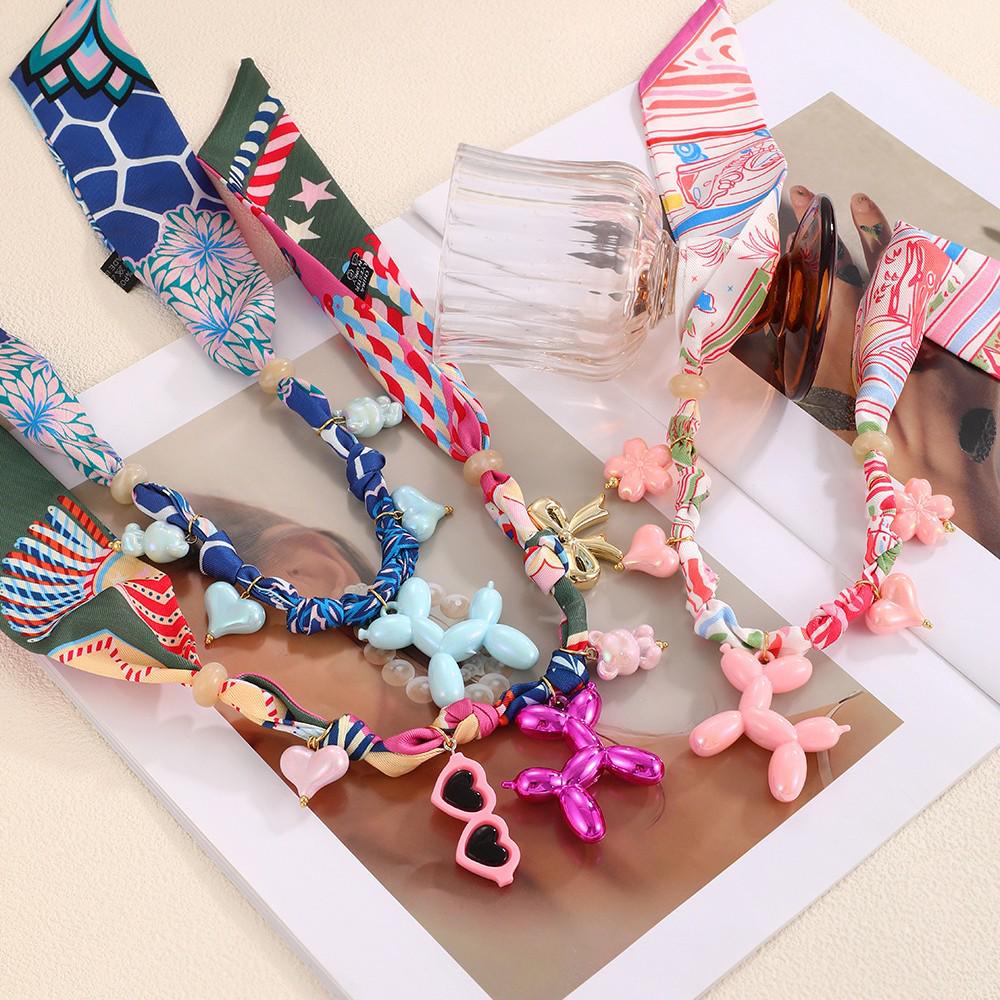 Dopamine Color Silk Scarf Bowknot Pendant Necklace for Women - Light Luxury Fashion, Pink Puppy Design