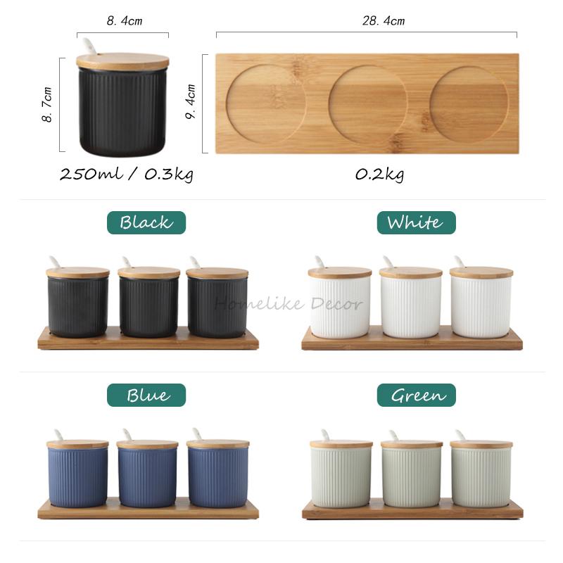 Керамическая банка для хранения приправ, соли, сахара, специй, перца с бамбуковой крышкой, поддон для 3 баночек для приправ с ложками