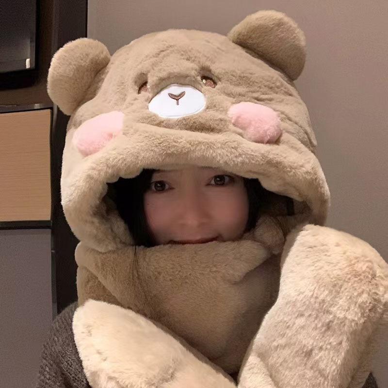 New Blush Bear Plush Hat for Women In Winter Warmth Lei Feng Hat Scarf Gloves One Piece Set