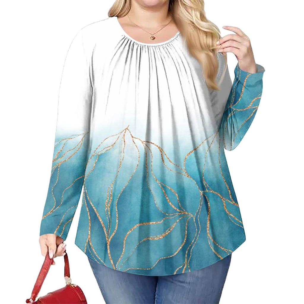 Women's Plus Size Fashion Printed Casual Pleated Round Neck Long Sleeve Top