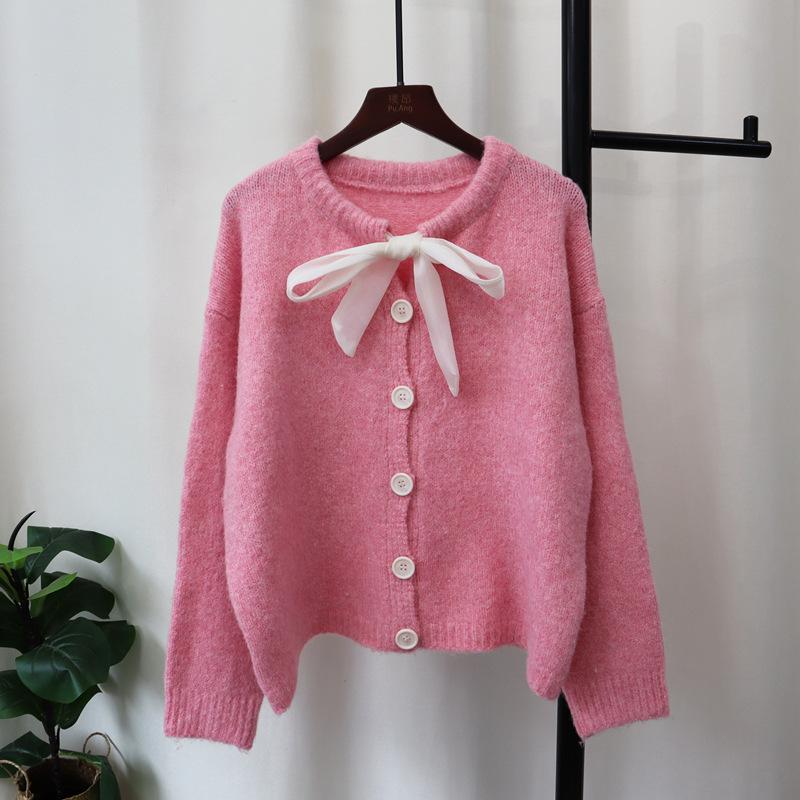 Осень и зима новый вязаный кардиган на шнуровке с бантом свободный мягкий восковой милый нежный ветер свитер куртка женская одежда