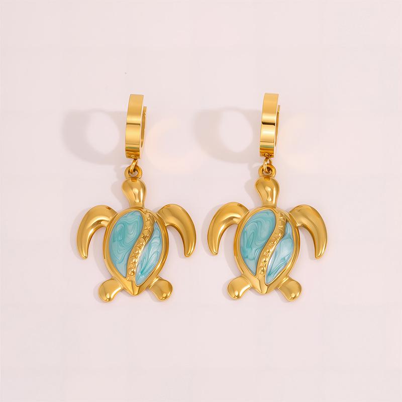 Эмалированные серьги-подвески в морском стиле с морской черепахой - Женские из нержавеющей стали, роскошные