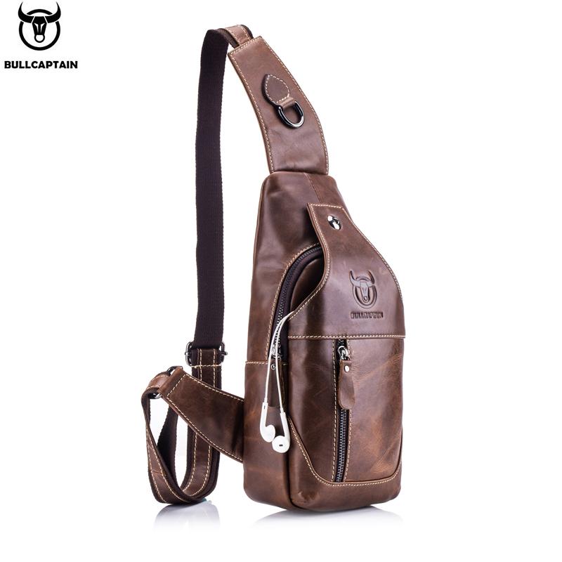 BULLCAPTAIN Leather Messenger Bags Men's Casual Bag for Men Chest Bag Brand Designer Multi-function Headphone Jack Chest Pack