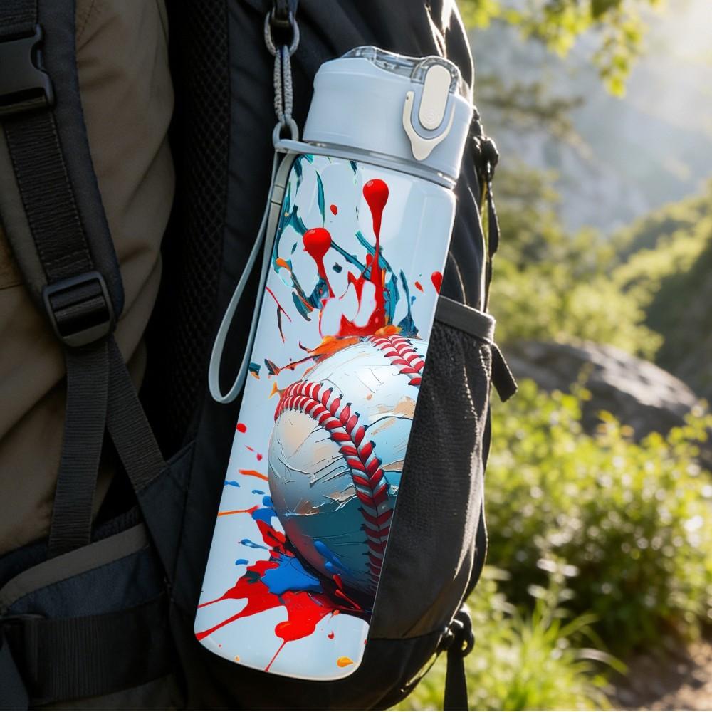 1PC Splash Baseball Sports Art Print 750ml Color Plastic Sports Water Bottle Leakproof Flip Straw Lid Suitable for Sports Office Home Use