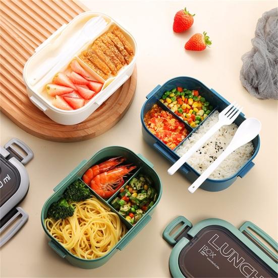1200ml Buckle Design Airtight Lunch Box Microwave Safe Large Capacity Meal Prep 2 Layers Grids Bento Case for Office School