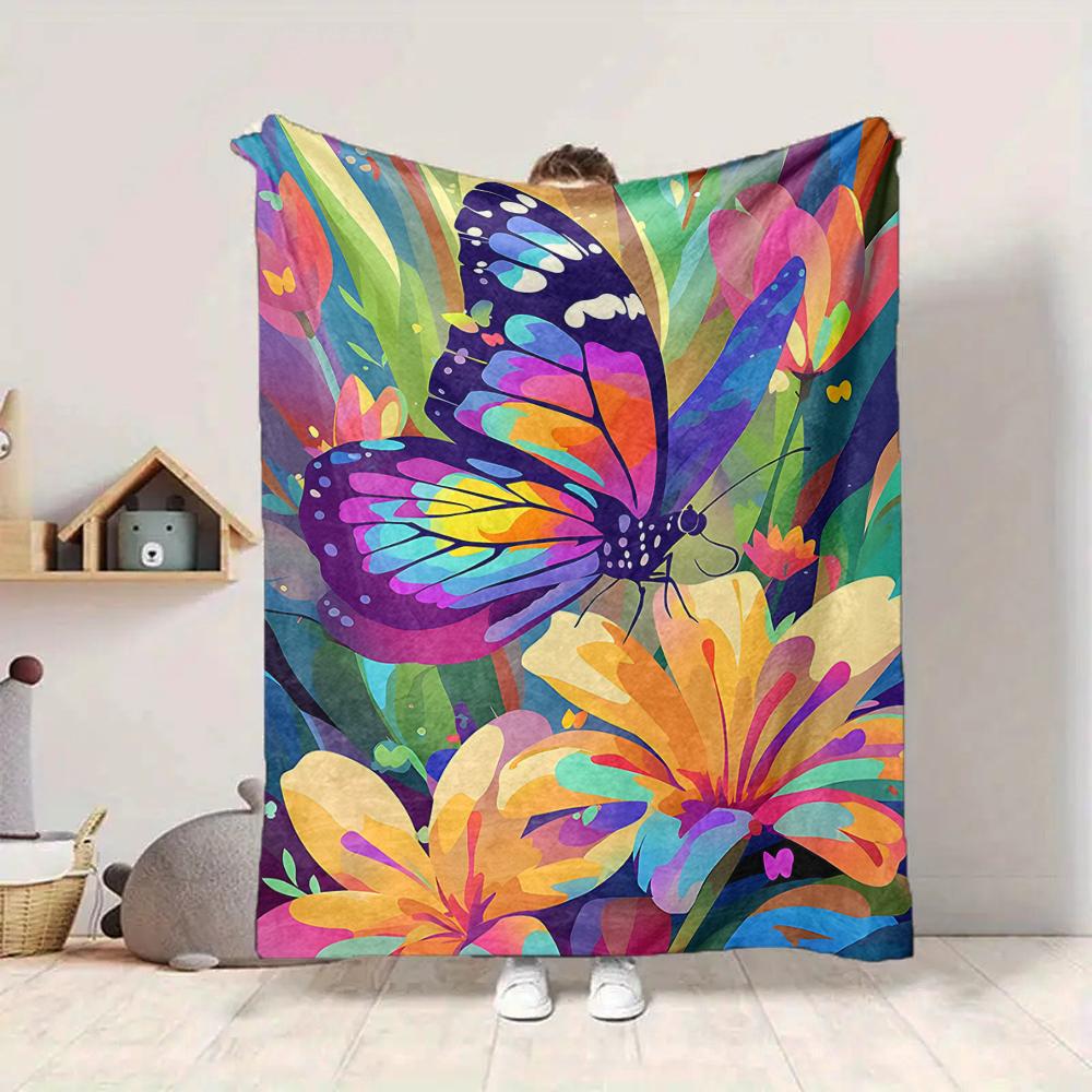 1Pc Colorful Butterfly Garden Flannel Blanket, Soft And Comfortable, Casual Warm, Camping Travel, Christmas, Halloween Xmas Gift. Eg13