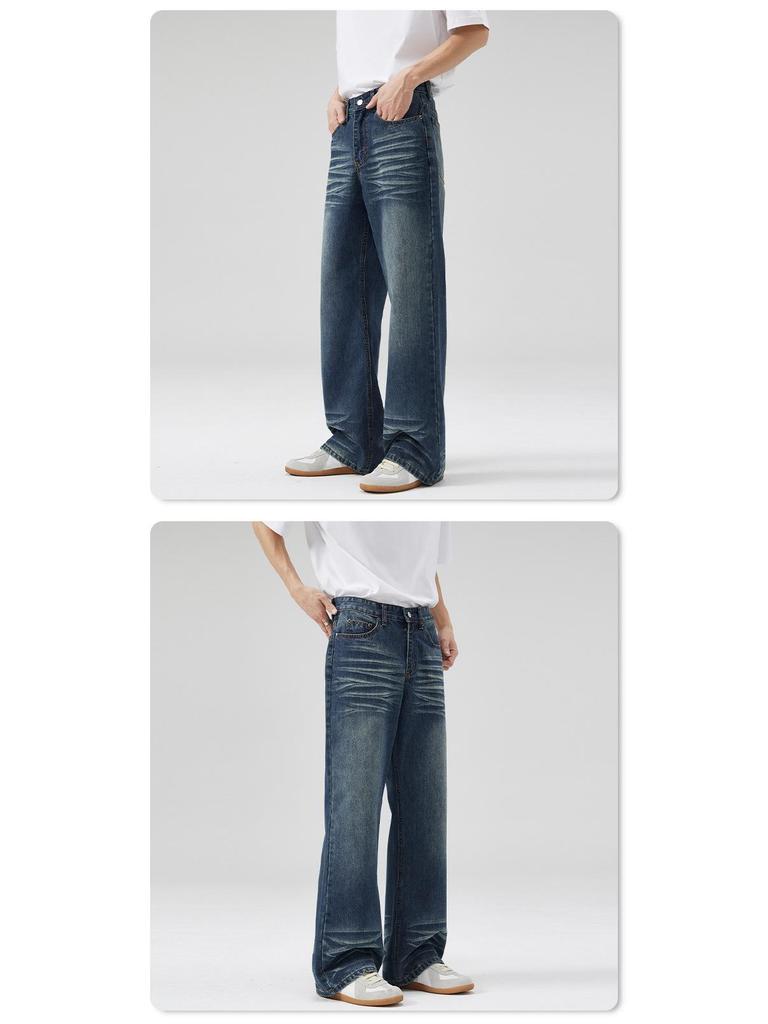 LKTM Джинсы унисекс в американском ретро-стиле, темно-синие, микроклеш, с потертостями, длинные