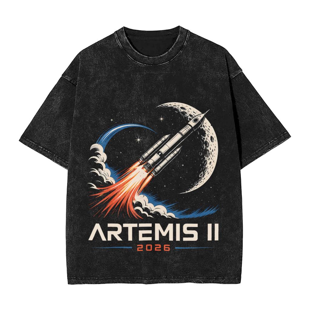 Streetwear Washed T-Shirt Artemis II Launch to The Moon 2026 Hip Hop Tshirt for Male Summer Y2K Retro Casual Clothes