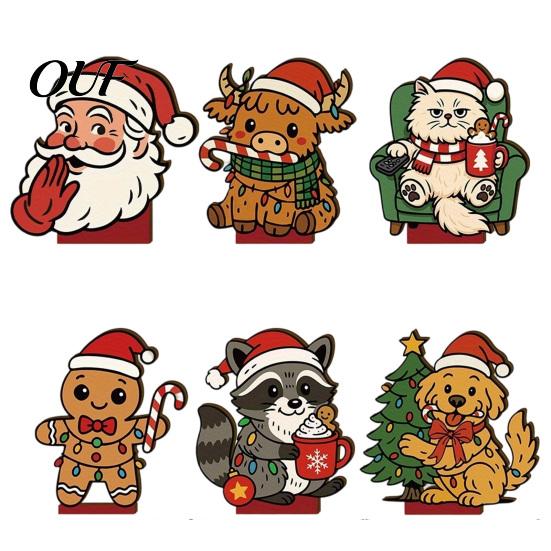 Decorative Character Figures 6Pcs Christmas Wooden Tabletop Ornaments, Stable Base Cartoon Animal/Santa Claus/Gingerbread Rustic Wood Ornaments