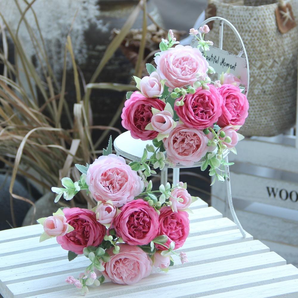 Lifelike 32cm Peony Bouquet 5 Heads 3D Artificial Flower Small Bud Real Touch Fake Rose Home