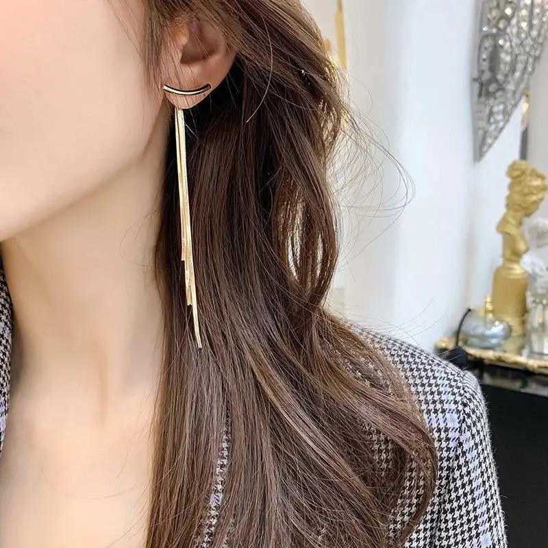 S925 Silver Needle Temperament Long Metal Tassel Earrings Cold Wind Snake Chain Removable As Stud Single Wear