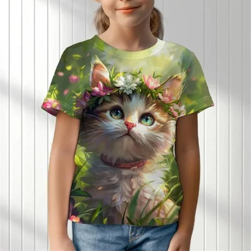 Children's Cartoon Kitten Print Cute Tie Dye Multi-color T-shirts Girls Fashionable Soft Comfortable T-shirt