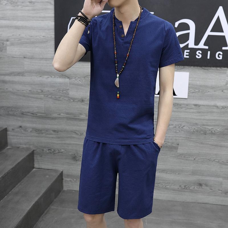 Мужской льняной костюм в китайском стиле с короткими рукавами в стиле Тан и комплект из двух предметов в стиле ханьфу в стиле Чжуншань-дзен