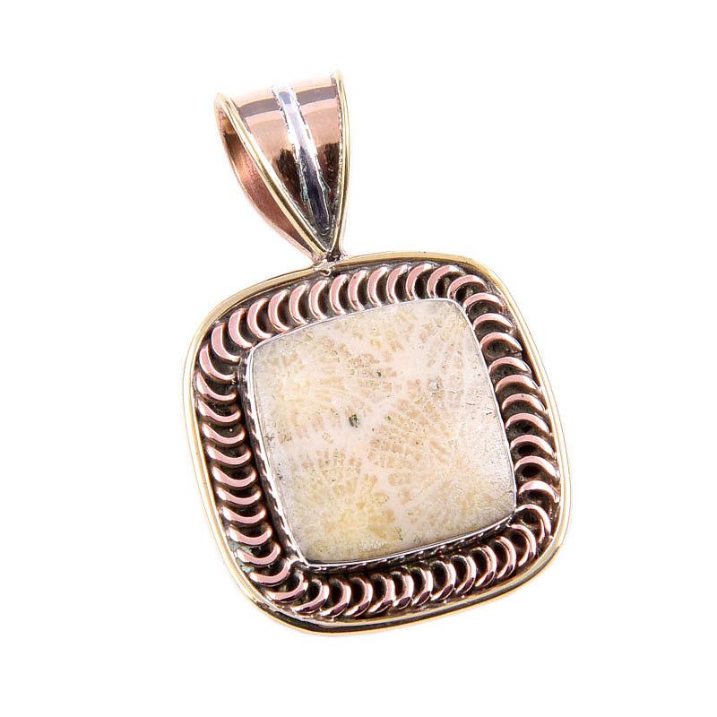 Natural Fossil Coral 925 Solid Sterling Silver TwoTone Gift Pendant 1.25" l9V57