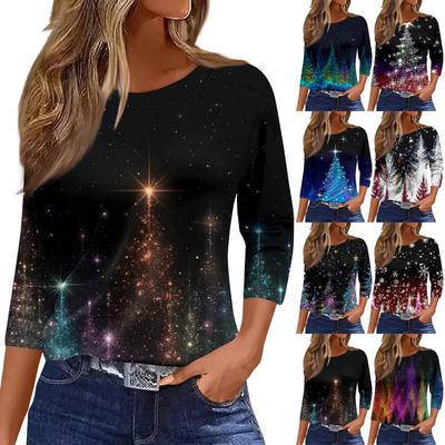 Женская модная повседневная футболка с круглым вырезом, цветочным принтом и рукавами три четверти