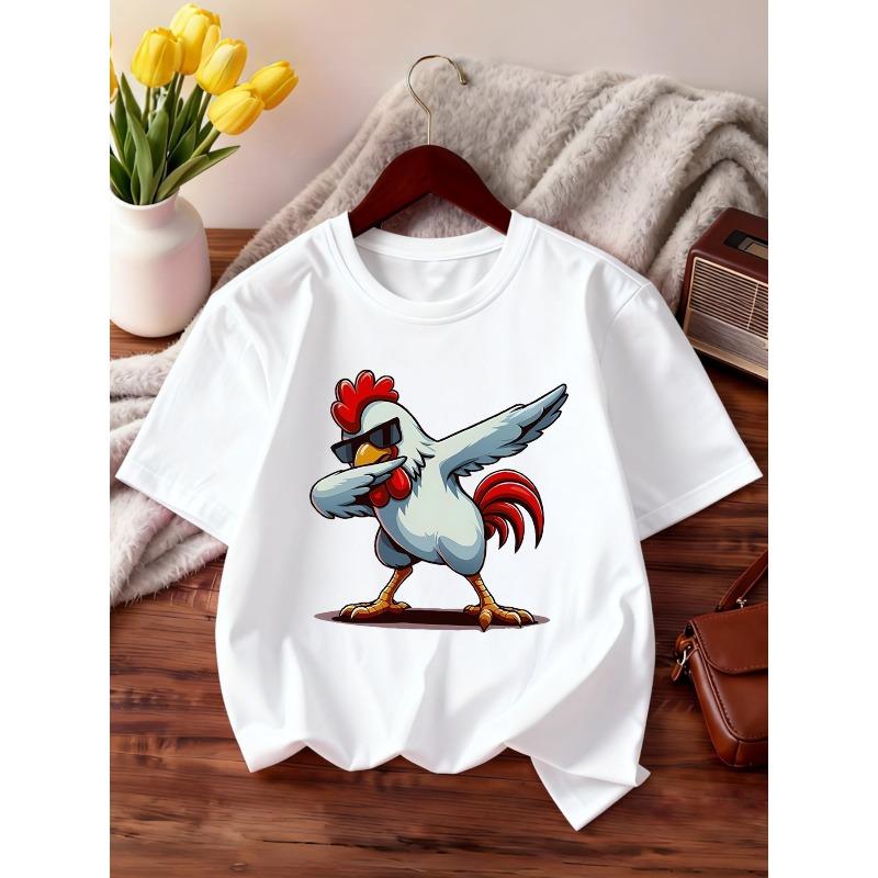 European sizes Fashion Round Neck Short Sleeve, Suitable for Girls' T-Shirt Daily Outdoor Outfit, Print with Glasses And Funny Rooster Cartoon Pattern