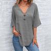 Women Summer Tops V-Neck Half Sleeve Casual Solid Color Tee Shirt Buttons Decor Loose Fit Mid-length Blouse